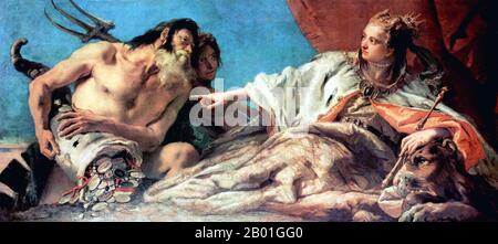 Italien/Venedig: "Neptun bietet Venedig Geschenke an". Fresko von Giovanni Battista Tiepolo (5. März 1696 - 27. März 1770), c. 1750er. Jahrhundertelang war Venedig Europas wichtigster Handelspartner im Nahen Osten und insbesondere im Byzantinischen Reich. Die venezianische Marine- und Handelsmacht war in Europa einzigartig, bis sie im 15. Jahrhundert eine Reihe von Kriegen gegen die osmanischen Armeen verlor. Die Stadt verlor in den Jahren 1575-1577 etwa 50.000 Menschen durch den Schwarzen Tod, blieb aber bis weit ins 18. Jahrhundert ein wichtiges Fertigungszentrum und Hafen. Stockfoto