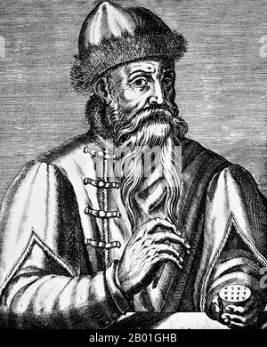 Deutschland: Johannes Gutenberg (ca. 1393.-3. Februar 1468), Drucker und Verleger, der die erste europäische Druckerpresse vorstellte. Gravur von Nicolas de Larmessin (1632-1694), 17. Jahrhundert. Johannes Gensfleisch zur Laden zum Gutenberg war ein Schmied, Goldschmied, Drucker und Verleger, der die Druckerpresse vorstellte. Seine Verwendung des beweglichen Drucks begann die Druckrevolution und gilt weithin als das wichtigste Ereignis der Neuzeit. Sie spielte eine Schlüsselrolle bei der Entwicklung der Renaissance, der Reformation und der wissenschaftlichen Revolution. Stockfoto