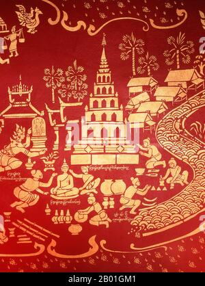 Thailand: Wandbilder im Hauptviharn, Wat Chiang man, Chiang Mai. Wat Chiang man (Chiang Mun) wurde 1297 CE erbaut und gilt als der älteste Tempel von Chiang Mai. Es wurde an der Stelle erbaut, die König Mangrai während des Baus seiner neuen Hauptstadt Chiang Mai als Lager genutzt hatte. Chiang Mai (was „neue Stadt“ bedeutet), manchmal auch als „Chiengmai“ oder „Chiangmai“ geschrieben, ist die größte und kulturell bedeutendste Stadt im Norden Thailands. König Mengrai gründete die Stadt Chiang Mai im Jahr 1296 und folgte Chiang Rai als Hauptstadt des Königreichs Lanna. Stockfoto