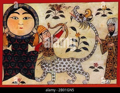 Irak/Abbasidkalifat: Islamische Darstellung des Schützen, "der Bogenschütze", c. 1250 CE. Miniaturgemälde aus einer beleuchteten Manuskript-Seite der Abbasidzeit, die eine fantasievolle Darstellung des Bogenschützen im Zusammenhang mit dem Schagittarius zwischen dem Mond und dem Jupiter darstellt, reflektiert das Interesse an der astrologischen Wissenschaft, die in der islamischen Zivilisation vom 8. Bis zum 13. Jahrhundert gedeiht hat. Wissenschaftliche Abhandlungen bildeten einen großen Teil der Manuskripttradition der Abbasidzeit. Stockfoto