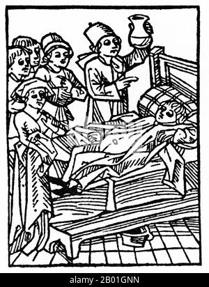 Italien: Der Schwarze Tod. Illustration aus einer Version des Decameron, einer mittelalterlichen Allegorie aus dem 14. Jahrhundert von Giovanni Boccaccio (1313-1375), erzählt als Rahmengeschichte mit 100 Geschichten. Der Schwarze Tod war eine der verheerendsten Pandemien in der Geschichte der Menschheit und erreichte zwischen 1348 und 1350 ihren Höhepunkt in Europa. Von mehreren konkurrierenden Theorien ist die vorherrschende Erklärung für den Schwarzen Tod die Pesttheorie, die den Ausbruch auf das Bakterium Yersinia pestis zurückführt. Sie soll in China begonnen haben, reiste entlang der Seidenstraße und erreichte die Krim um 1346 Uhr. Stockfoto