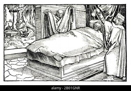 Europa: Ein Holzschnitt, der die Pest oder den „Schwarzen Tod“ darstellt, anonym, c. 15. Jahrhundert. Der Schwarze Tod war eine der verheerendsten Pandemien in der Geschichte der Menschheit und erreichte zwischen 1348 und 1350 ihren Höhepunkt in Europa. Von mehreren konkurrierenden Theorien ist die vorherrschende Erklärung für den Schwarzen Tod die Pesttheorie, die den Ausbruch auf das Bakterium Yersinia pestis zurückführt. Sie soll in China begonnen haben, reiste entlang der Seidenstraße und erreichte die Krim um 1346 Uhr. Stockfoto