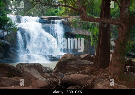 Thailand: Tat Huang Wasserfall (Nam Tok Nam Hueang), auch bekannt als Thai-Lao Wasserfall oder internationaler Wasserfall, Phu Suan Sai Nationalpark, Bezirk Na Haeo, Provinz Loei. Die Provinz Loei (Thai: เลย) befindet sich im oberen Nordosten Thailands. Die benachbarten Provinzen sind (von Osten nach rechts) Nong Khai, Udon Thani, Nongbua Lamphu, Khon Kaen, Phetchabun, Phitsanulok. Im Norden grenzt sie an die Provinzen Xaignabouli und Vientiane in Laos. Die Provinz ist von niedrigen Bergen bedeckt, während die Hauptstadt Loei in einem fruchtbaren Becken liegt. Stockfoto