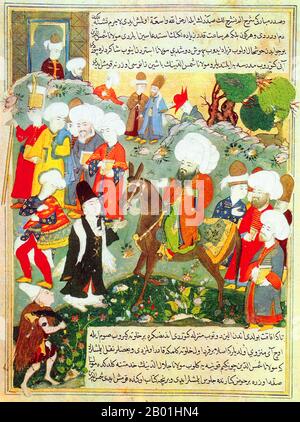 Afghanistan/Iran: Der persische Dichter Rumi, dargestellt auf einem Pony im türkischen "Jâmi al-siyar" von Mohammad Tahir Suhravardî, c. 1600. Jalāl ad-Dīn Muḥammad Balkhī (30. September 1207 13. bis 17. Dezember 1273), auch bekannt als Jalāl ad-Dīn Muḥammad Rūmī und in der Türkei allgemein bekannt als Mevlānā und in Iran und Afghanistan als Mawlānā, aber in der englischsprachigen Welt einfach als Rumi bekannt, war ein persischer muslimischer Dichter, Jurist, Theologe und Sufi Mystic. Er wurde in der Provinz Balkh in Afghanistan in einer kleinen Stadt am Fluss Wakhsh in Tadschikistan geboren. Stockfoto