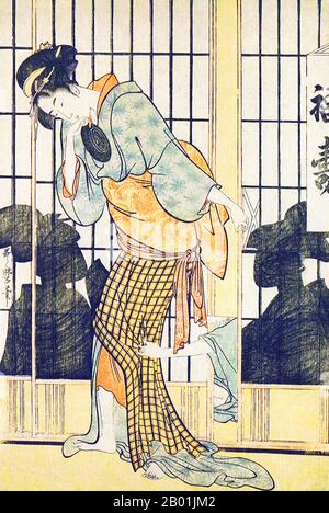 Japan: Szene aus dem Fukuju Teehaus. Ukiyo-e-Holzblockdruck von Kitagawa Utamaro (ca. 1753. Bis 31. Oktober 1806), c. 1794-1795. Kitagawa Utamaro war ein japanischer Druckmacher und Maler, der als einer der größten Künstler von Holzblockdrucken gilt (Ukiyo-e). Er ist vor allem bekannt für seine meisterhaft zusammengestellten Studien über Frauen, bekannt als Bijinga. Er produzierte auch Naturstudien, insbesondere illustrierte Bücher über Insekten. Stockfoto