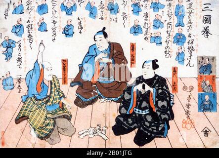 Japan: Die Schauspieler Nakamura Utaemon IV, Ichikawa Kuzô II und Matsumoto Kôshirô VI spielen das Spiel Ken. Ukiyo-e Holzschnitt von Utagawa Kuniyoshi (1. Januar 1797 - 14. April 1862), 1849. Utagawa Kuniyoshi war einer der letzten großen Meister des japanischen Ukiyo-e-Stils der Holzschnitte und Malerei. Er ist mit der Utagawa-Schule verbunden. Kuniyoshis bevorzugte Themen umfassten viele Genres: Landschaften, schöne Frauen, Kabuki-Schauspieler, Katzen und mythische Tiere. Er ist bekannt für die Darstellung der Schlachten von Samurai und legendären Helden. Stockfoto