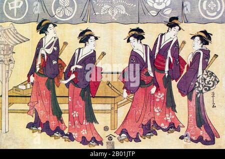 Japan: "Fünf Teehauswartinnen". Ukiyo-e Holzschnitt von Chobunsai Eishi (1756-1829), 1793. Chobunsai Eishi, wahrer Name Hosoda Tokitomi, war ein japanischer Ukiyo-e-Künstler aus der Edo-Zeit. Aus einer wohlhabenden Samurai-Familie und dem ersten Sohn eines direkten Vasallen des Shogunats verließ er die Arbeit des Shogun, um der Kunst nachzugehen, wobei seine frühesten Drucke hauptsächlich Bijin-GA (Beauty)-Porträts waren. Er gründete schließlich eine eigene Schule, die mit der von Kitagawa Utamaro konkurrierte, und war ein produktiver Maler, der 1801 die Druckerei aufgab, um sich ausschließlich auf die Malerei zu konzentrieren. Stockfoto