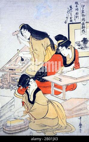 Japan: Hangishi Dosabiki (Blockschnitzerei, Anlegen der Größe). Ukiyo-e Holzschnitt-Diptychon-Druck aus der Serie „Kultivierung von Brocade Prints, A Famous Product of Edo“ von Kitagawa Utamaro (ca. 1753 - 31. Oktober 1806), ca. 1803. Kitagawa Utamaro war ein japanischer Druckgrafiker und Maler, der als einer der größten Künstler von Holzschnitten (ukiyo-e) gilt. Bekannt ist er vor allem für seine meisterhaft komponierten Studien über Frauen, bekannt als Bijinga. Er schuf auch Naturstudien, insbesondere illustrierte Bücher über Insekten. Stockfoto