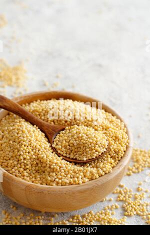 Roher trockener Hirse in einer Holzschale mit einem Löffel mit einem Kopierraum Stockfoto
