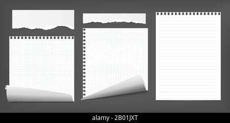 Satz zerrissene weiße Note, Notizbuchpapierstreifen, Teile, Blätter mit gewellten Ecken und weicher Schatten, die auf schwarzem Hintergrund hängen. Vektorgrafiken Stock Vektor