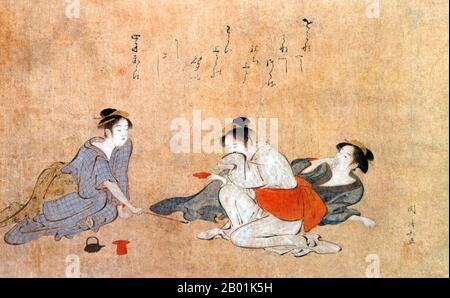 Japan: Drei Betrunkene Frauen. Tusche und Farbe auf Papiermalerei von Torii Kiyonaga (1752 - 28. Juni 1815), um 1787. Torii Kiyonaga war ein japanischer Ukiyo-e-Printmacher und Maler der Torii-Schule. Ursprünglich Sekiguchi Shinsuke, der Sohn eines Edo-Buchhändlers, nahm er Torii Kiyonaga als Künstlernamen (gō) an. Obwohl er nicht biologisch mit der Familie Torii verwandt ist, wurde er nach dem Tod seines Adoptivvaters und Lehrers Torii Kiyomitsu Leiter der Gruppe. Stockfoto