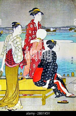 Japan: „Cooling off by the Riverside“. Ukiyo-e Holzschnitt von Torii Kiyonaga (1752 - 28. Juni 1815), ca. 1785. Torii Kiyonaga war ein japanischer Ukiyo-e-Printmacher und Maler der Torii-Schule. Ursprünglich Sekiguchi Shinsuke, der Sohn eines Edo-Buchhändlers, nahm er Torii Kiyonaga als Künstlernamen (gō) an. Obwohl er nicht biologisch mit der Familie Torii verwandt ist, wurde er nach dem Tod seines Adoptivvaters und Lehrers Torii Kiyomitsu Leiter der Gruppe. Stockfoto