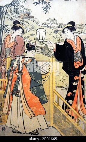 Japan: Parodie auf Lady Joruri und Ushiwakamaru. Linker Druck eines Ukiyo-e-Holzblock-Triptychons von Torii Kiyonaga (1752 - 28. Juni 1815), 1785. Torii Kiyonaga war ein japanischer Ukiyo-e-Printmacher und Maler der Torii-Schule. Ursprünglich Sekiguchi Shinsuke, der Sohn eines Edo-Buchhändlers, nahm er Torii Kiyonaga als Künstlernamen (gō) an. Obwohl er nicht biologisch mit der Familie Torii verwandt ist, wurde er nach dem Tod seines Adoptivvaters und Lehrers Torii Kiyomitsu Leiter der Gruppe. Stockfoto