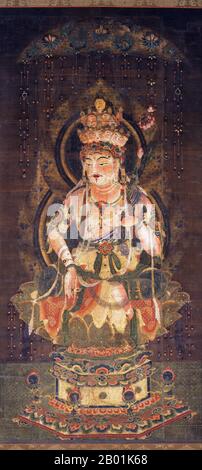 Japan: Die elfköpfige Göttin der Barmherzigkeit. Hängemalerei aus der Heian-Zeit (794–1185), Nara National Museum, Nara, 12. Jahrhundert. Kannon/Kwannon ist der japanische Name für Guanyin, den Bodhisattva des Mitgefühls und der Barmherzigkeit. Guanyin ist das ostasiatische Äquivalent zu Avalokitesvara aus Indien und wird in den buddhistischen Nationen in Ost- und Südostasien sehr geliebt und verehrt. Stockfoto