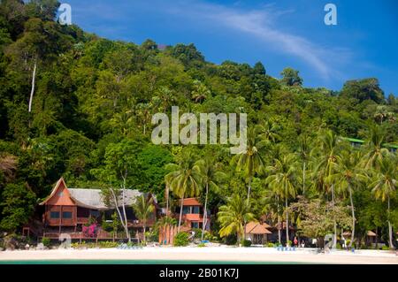 Thailand: Koh Ngai Resort, Ko Hai, Provinz Trang. Ko Hai, auch bekannt als Ko Ngai, ist eine kleine, schöne Insel, die etwa 15 km vom Trang's Pak Meng Pier entfernt ist und leicht mit dem Boot erreichbar ist. Die Provinz Trang war vom Zinnabbau abhängig, bis die ersten Kautschuksämlinge um 1901 nach Thailand gebracht wurden – Teil einer langen Reise von Südamerika über die benachbarten malayischen Staaten. Kautschuk, Palmöl und Fischerei sind die wichtigsten Wirtschaftsfaktoren der Provinz. Der Tourismus nimmt zu, da die Andamanenküste und die Inseln von Trang zunehmend entwickelt und populär werden. Stockfoto