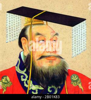 China: Qin Shu Huang/Qin Shi Huangdi (259-210 v. Chr.), erster Kaiser eines Vereinten China. Hängendes Rollporträt, um das 19. Jahrhundert. Qin Shi Huang, Personenname Ying Zheng, war von 246 bis 221 v. Chr. König des chinesischen Staates Qin während der Zeit der kriegerischen Staaten. Er wurde 221 v. Chr. der erste Kaiser eines Vereinigten China und regierte bis zu seinem Tod 210 v. Chr. im Alter von 49 Jahren. Qin Shi Huang, der sich nach der Vereinigung Chinas als „erster Kaiser“ bezeichnete, ist eine Schlüsselfigur in der chinesischen Geschichte und läutete fast zwei Jahrtausende imperialer Herrschaft ein. Stockfoto