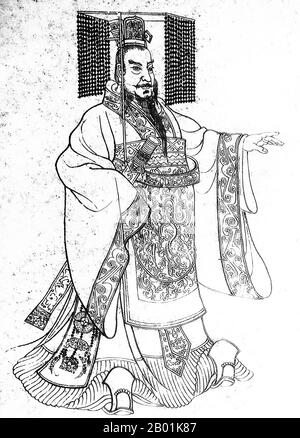 China: Qin Shu Huang/Qin Shi Huangdi (259-210 v. Chr.), erster Kaiser eines Vereinten China. Tuschezeichnung um das 18. Jahrhundert. Qin Shi Huang, Personenname Ying Zheng, war von 246 bis 221 v. Chr. König des chinesischen Staates Qin während der Zeit der kriegerischen Staaten. Er wurde 221 v. Chr. der erste Kaiser eines Vereinigten China und regierte bis zu seinem Tod 210 v. Chr. im Alter von 49 Jahren. Qin Shi Huang, der sich nach der Vereinigung Chinas als „erster Kaiser“ bezeichnete, ist eine Schlüsselfigur in der chinesischen Geschichte und läutete fast zwei Jahrtausende imperialer Herrschaft ein. Stockfoto