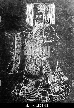 China: Qin Shu Huang/Qin Shi Huangdi (259-210 v. Chr.), erster Kaiser eines Vereinten China. Tuschreiben aus einer Steintafel um das 18. Jahrhundert. Qin Shi Huang, Personenname Ying Zheng, war von 246 bis 221 v. Chr. König des chinesischen Staates Qin während der Zeit der kriegerischen Staaten. Er wurde 221 v. Chr. der erste Kaiser eines Vereinigten China und regierte bis zu seinem Tod 210 v. Chr. im Alter von 49 Jahren. Qin Shi Huang, der sich nach der Vereinigung Chinas als „erster Kaiser“ bezeichnete, ist eine Schlüsselfigur in der chinesischen Geschichte und läutete fast zwei Jahrtausende imperialer Herrschaft ein. Stockfoto