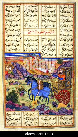 Iran/Persien: Isfandiyar tötet SIMAH Barzin (Simurgh, Persian Phoenix). Miniaturmalerei aus dem Schahnameh, ca. 16. Jahrhundert. Das Shahnameh oder Shah-nama (Šāhnāmeh, „das Buch der Könige“) ist ein langes episches Gedicht, das der persische Dichter Ferdowsi zwischen 977 und 1010 n. Chr. geschrieben hat und das nationale Epos des Iran und verwandter perso-iranischer Kulturen ist. Der Schahnameh besteht aus etwa 60.000 Versen und erzählt die mythische und in gewissem Maße die historische Vergangenheit des Großirans von der Erschaffung der Welt bis zur islamischen Eroberung Persiens im 7. Jahrhundert. Stockfoto