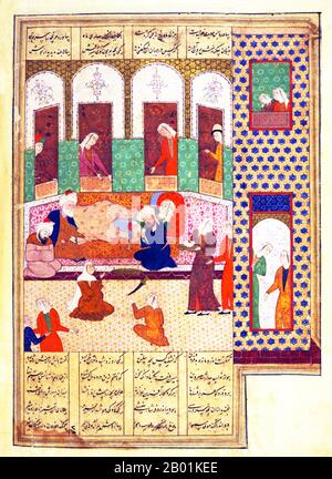 Iran/Persien: Rudaba bringt Rostam zur Welt, der zu einem der größten persischen Helden werden wird. Miniaturmalerei aus der Schahnameh-Zeit (1370-1507). Das Shahnameh oder Shah-nama (Šāhnāmeh, „das Buch der Könige“) ist ein langes episches Gedicht, das der persische Dichter Ferdowsi zwischen 977 und 1010 n. Chr. geschrieben hat und das nationale Epos des Iran und verwandter perso-iranischer Kulturen ist. Der Schahnameh besteht aus etwa 60.000 Versen und erzählt die mythische und in gewissem Maße die historische Vergangenheit des Großirans von der Erschaffung der Welt bis zur islamischen Eroberung Persiens im 7. Jahrhundert. Stockfoto