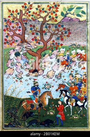 Iran/Persien: "Niemals würde ich sterben, denn ich lebe, nachdem ich die Samen der Poesie gesät habe". Gurgin verrät Bizhan. Miniaturmalerei aus dem Schahnameh, ca. 16. Jahrhundert. Das Shahnameh oder Shah-nama (Šāhnāmeh, „das Buch der Könige“) ist ein langes episches Gedicht, das der persische Dichter Ferdowsi zwischen 977 und 1010 n. Chr. geschrieben hat und das nationale Epos des Iran und verwandter perso-iranischer Kulturen ist. Der Schahnameh besteht aus etwa 60.000 Versen und erzählt die mythische und in gewissem Maße die historische Vergangenheit des Großirans von der Erschaffung der Welt bis zur islamischen Eroberung Persiens im 7. Jahrhundert. Stockfoto