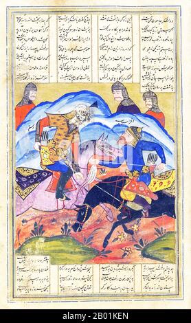 Iran/Persien: Eine Schlacht auf dem Pferd. Miniatur-Folio aus dem Schahnameh, ca. Ende des 16. Bis Anfang des 17. Jahrhunderts. Das Shahnameh oder Shah-nama (Šāhnāmeh, „das Buch der Könige“) ist ein langes episches Gedicht, das der persische Dichter Ferdowsi zwischen 977 und 1010 n. Chr. geschrieben hat und das nationale Epos des Iran und verwandter perso-iranischer Kulturen ist. Der Schahnameh besteht aus etwa 60.000 Versen und erzählt die mythische und in gewissem Maße die historische Vergangenheit des Großirans von der Erschaffung der Welt bis zur islamischen Eroberung Persiens im 7. Jahrhundert. Stockfoto