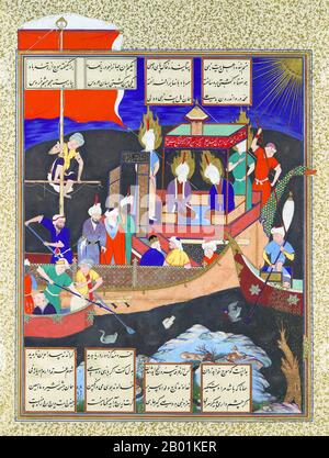 Iran/Persien: Firdausi's Parable of the Ship of Shi'ism. Miniatur-Folio von Mirza 'Ali (fl. 1525-1575), ca. 1530-1535. Das Shahnameh oder Shah-nama (Šāhnāmeh, „das Buch der Könige“) ist ein langes episches Gedicht, das der persische Dichter Ferdowsi zwischen 977 und 1010 n. Chr. geschrieben hat und das nationale Epos des Iran und verwandter perso-iranischer Kulturen ist. Der Schahnameh besteht aus etwa 60.000 Versen und erzählt die mythische und in gewissem Maße die historische Vergangenheit des Großirans von der Erschaffung der Welt bis zur islamischen Eroberung Persiens im 7. Jahrhundert. Stockfoto