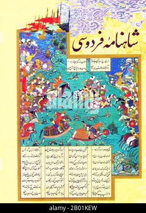 Iran/Persien: Qaran entreitet Barmann während einer Kavallerieschlacht. Miniatur-Folio von mir Sayyid Ali (1510-1572), um 1535. Das Shahnameh oder Shah-nama (Šāhnāmeh, „das Buch der Könige“) ist ein langes episches Gedicht, das der persische Dichter Ferdowsi zwischen 977 und 1010 n. Chr. geschrieben hat und das nationale Epos des Iran und verwandter perso-iranischer Kulturen ist. Der Schahnameh besteht aus etwa 60.000 Versen und erzählt die mythische und in gewissem Maße die historische Vergangenheit des Großirans von der Erschaffung der Welt bis zur islamischen Eroberung Persiens im 7. Jahrhundert. Stockfoto