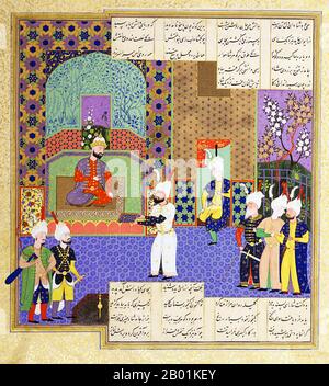 Iran/Persien: Burzuy stellt König Nushirvan das Buch Kalilah wa Dimnah vor. Miniatur-Folio aus dem Shahnama von Shah Tahmasp, 1540. Das Shahnameh oder Shah-nama (Šāhnāmeh, „das Buch der Könige“) ist ein langes episches Gedicht, das der persische Dichter Ferdowsi zwischen 977 und 1010 n. Chr. geschrieben hat und das nationale Epos des Iran und verwandter perso-iranischer Kulturen ist. Der Schahnameh besteht aus etwa 60.000 Versen und erzählt die mythische und in gewissem Maße die historische Vergangenheit des Großirans von der Erschaffung der Welt bis zur islamischen Eroberung Persiens im 7. Jahrhundert. Stockfoto