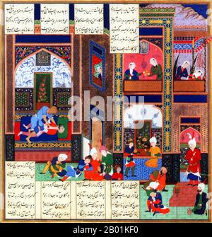 Iran/Persien: Die Ermordung des sassanischen Königs Chosroes Parvez durch Mihr-Hurmuzd. Miniatur-Folio von Abdul-Samad aus einer Mogulhandschrift des Schahnameh, um 1535. Das Shahnameh oder Shah-nama (Šāhnāmeh, „das Buch der Könige“) ist ein langes episches Gedicht, das der persische Dichter Ferdowsi zwischen 977 und 1010 n. Chr. geschrieben hat und das nationale Epos des Iran und verwandter perso-iranischer Kulturen ist. Der Schahnameh besteht aus etwa 60.000 Versen und erzählt die mythische und in gewissem Maße die historische Vergangenheit des Großirans von der Erschaffung der Welt bis zur islamischen Eroberung Persiens im 7. Jahrhundert. Stockfoto