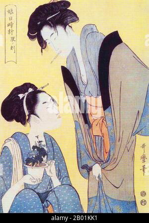 Japan: "Die Stunde des Hasen". Ukiyo-e Holzschnitt aus der Serie „Twelve Hours of the Green Houses“ von Kitagawa Utamaro (ca. 1753 - 31. Oktober 1806), 1788. Kitagawa Utamaro war ein japanischer Druckgrafiker und Maler, der als einer der größten Künstler von Holzschnitten (ukiyo-e) gilt. Bekannt ist er vor allem für seine meisterhaft komponierten Studien über Frauen, bekannt als Bijinga. Er schuf auch Naturstudien, insbesondere illustrierte Bücher über Insekten. Stockfoto