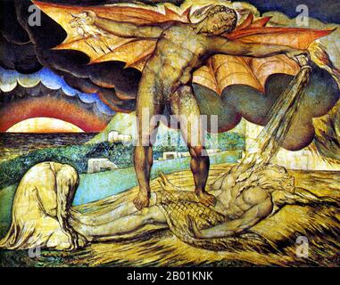 England: „Satan smiting Job with Sore Boils“. Tempera auf Mahagoni-Malerei von William Blake (28. November 1757 - 12. August 1827), ca. 1826-1827. Job ist der zentrale Charakter des Buches Hiob in der hebräischen Bibel. Hiob wird auch im Koran als Prophet Gottes anerkannt. Das Buch Job beginnt mit einer Einführung in den Charakter von Job. Er wird als gesegneter Mann beschrieben, der gerecht lebt. Gottes Lobpreis von Hiob veranlasst Satan, Hiobs Integrität zu hinterfragen und vorzuschlagen, Hiob dient Gott nur, weil er ihn beschützt. Gott entzieht Hiob den Schutz und erlaubt Satan, ihn auf verschiedene Weise zu foltern. Stockfoto