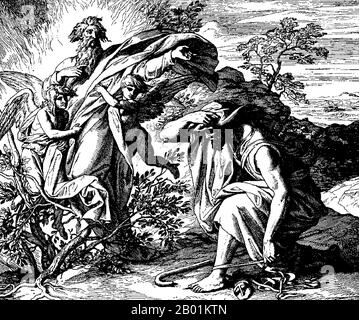 Deutschland: "Moses und der brennende Bush". Holzstich von Julius Schnorr von Carolsfeld (26. März 1794 - 24. Mai 1872) für die Bibel in Bildern, um 1851-1860. Der brennende Busch ist ein Objekt, das im Buch Exodus (3:1-21) als auf dem Berg Sinai gelegen beschrieben wird; laut Erzählung war der Busch in Brand, wurde aber nicht von den Flammen verzehrt, daher der Name. In der Erzählung ist der brennende Busch der Ort, an dem Moses von Gott ernannt wurde, um die Israeliten aus Ägypten nach Kanaan zu führen. Stockfoto