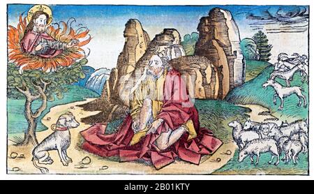 Deutschland: "Moses und der brennende Bush". Holzschnitt von Michael Wolgemut (1434.–30. November 1519) aus der Nürnberger Chronik, 1493. Der brennende Busch ist ein Objekt, das im Buch Exodus (3:1-21) als auf dem Berg Sinai gelegen beschrieben wird; laut Erzählung war der Busch in Brand, wurde aber nicht von den Flammen verzehrt, daher der Name. In der Erzählung ist der brennende Busch der Ort, an dem Moses von Gott ernannt wurde, um die Israeliten aus Ägypten nach Kanaan zu führen. Stockfoto