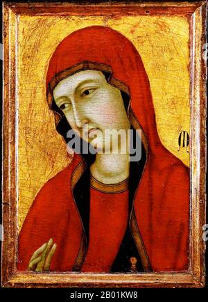 Italien: "St. Mary Magdalen'. Tempera auf Tafelbild von Ugolino di Nerio (um 1280-1349), um 1320. Maria Magdalena war eine der berühmtesten Jünger Jesu und die wichtigste Schülerin in der Bewegung Jesu. Jesus reinigte sie von „sieben Dämonen“, [Lukas 8:2] [Markus 16:9] konventionell interpretiert als Bezug auf komplexe Krankheiten. Sie wurde während seiner letzten Tage am prominentesten, da sie am Kreuz anwesend war, nachdem die männlichen Jünger (mit Ausnahme von Johannes dem Geliebten) geflohen waren, und bei seiner Begräbnis. Sie war die erste Person, die Jesus nach seiner Auferstehung sah. Stockfoto