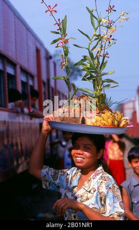 Birma/Myanmar: Ein Verkäufer, der Orchideen und Bananen auf dem Bahnhof Mohnyin im Bundesstaat Kachin verkauft. Mohnyin (Shan: Mong Yang) ist eine Stadt im Bundesstaat Kachin in Myanmar. Es ist das Verwaltungszentrum sowohl der Gemeinde Mohnyin als auch des Distrikts Mohnyin. Stockfoto