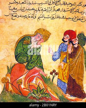 Türkei: Der Philosoph Sughrat (Sokrates), vertreten mit zwei Studenten in einem Seldschuken-Manuskript von Al-Mubashshir ibn Fatik, ca. 13. Jahrhundert. Sokrates (ca. 470-399 v. Chr.) war ein griechischer Philosoph in Athen. Er gilt als einer der Gründer der westlichen Philosophie und ist eine rätselhafte Figur, die vor allem durch die Berichte späterer klassischer Schriftsteller bekannt ist, insbesondere durch die Schriften seiner Schüler Platon und Xenophon und die Theaterstücke seiner zeitgenössischen Aristophanes. Viele würden behaupten, Platons Dialoge seien die umfassendsten Berichte über Sokrates, die seit der Antike überlebt wurden. Stockfoto