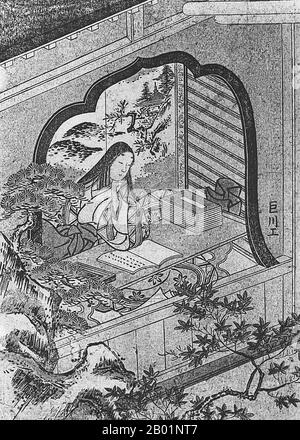 Japan: Murasaki Shikibu (ca. 973 - 1014/1025) im Ishiyama-Tempel. Zeichnung von Kyosen Kawasaki (2. Juni 1877 bis 15. September 1942), Anfang des 20. Jahrhunderts. Murasaki Shikibu (englisch: Lady Murasaki) war eine japanische Schriftstellerin, Dichterin und Wartende am kaiserlichen Hof während der Heian-Zeit. Sie ist bekannt als die Autorin der Geschichte von Genji, die zwischen 1000 und 1012 auf Japanisch geschrieben wurde. Murasaki Shikibu ist ein Spitzname; ihr richtiger Name ist unbekannt, aber sie könnte Fujiwara Takako gewesen sein, die 1007 in einem Tagebuch des Hofes als kaiserliche Dame in Warten erwähnt wurde. Stockfoto