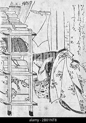 Japan: Der Schriftsteller und Dichter Murasaki Shikibu (ca. 973-1014/1025) schläft. Ukiyo-e Holzschnitt von Kikuchi Yosai (1781-1878), 1868. Murasaki Shikibu (englisch: Lady Murasaki) war eine japanische Schriftstellerin, Dichterin und Wartende am kaiserlichen Hof während der Heian-Zeit. Sie ist bekannt als die Autorin der Geschichte von Genji, die zwischen 1000 und 1012 auf Japanisch geschrieben wurde. Murasaki Shikibu ist ein Spitzname; ihr richtiger Name ist unbekannt, aber sie könnte Fujiwara Takako gewesen sein, die 1007 in einem Tagebuch des Hofes als kaiserliche Dame in Warten erwähnt wurde. Stockfoto