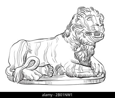 Skizze des aus Stein liegenden Profils der Löwenstatue. Vector Hand Drawing Illustration in schwarzer Farbe isoliert auf weißem Hintergrund. Grafikelement für Desi Stock Vektor