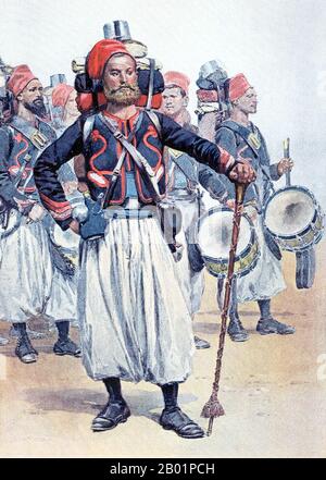 Frankreich: Französischer Zouave Drum Major, Nordafrika. Lithographie von Jean-Baptiste Edouard Detaille (5. Oktober 1848 bis 23. Dezember 1912), 1886. Zouave war der Titel, den einige leichte Infanterieregimenter der französischen Armee erhielten, die normalerweise zwischen 1831 und 1962 in Französisch-Nordafrika dienten. Der Name wurde im 19. Jahrhundert auch von Einheiten anderer Armeen übernommen, insbesondere von Freiwilligenregimentern, die im Amerikanischen Bürgerkrieg zum Dienst erhoben wurden. Die wichtigsten Merkmale dieser Einheiten waren die Zouave-Uniform, die kurze offene Jacken, Baggy-Hosen und orientalische Kopfbedeckungen umfasste. Stockfoto