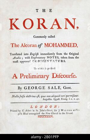 Arabien/England: Titelseite der ersten englischsprachigen Übersetzung des Korans von George Sale, 1734. George Sale (1697–1736) war ein Orientalist und praktizierender Anwalt, der vor allem für seine Übersetzung des Korans ins Englische von 1734 bekannt war. Sale verbrachte 25 Jahre in Arabien und erwarb damit Kenntnisse der arabischen Sprache und Bräuche. Stockfoto