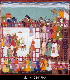 Indien: Der Mogul-Kaiser Aurangzeb (4. November 1618 bis 3. März 1707) hält Durbar in einem Militärlager. Rajasthani Aquarellmalerei, ca. 1710-1720. Abul Muzaffar Muhy-ud-DIN Muhammad Aurangzeb Alamgir, besser bekannt als Aurangzeb oder durch seinen erwählten Reichstitel Alamgir („Eroberer der Welt“), war der sechste Mogul-Kaiser von Indien, dessen Herrschaft von 1658 bis zu seinem Tod 1707 dauerte. Aurangzeb, der fast ein halbes Jahrhundert lang den größten Teil des indischen Subkontinents regierte, war nach Akbar der zweitlängste amtierende Mogulkaiser. Stockfoto