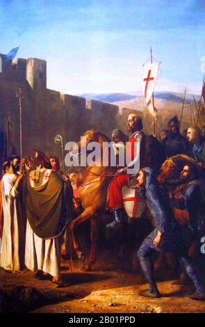 Frankreich/Türkei: "Baldwin von Boulogne kommt im Februar 1098 in Edessa ein". Ölgemälde auf Leinwand von Joseph-Nicolas Robert-Fleury (8. August 1797 bis 5. Mai 1890), 1840. Balduin I. von Jerusalem (ca. 1058–2. April 1118), früher Balduin I. von Edessa, geb. Balduin von Boulogne (französisch: Baudouin de Boulogne), war einer der Führer des Ersten Kreuzzugs, der erster Graf von Edessa und dann zweiter Herrscher und erster König von Jerusalem wurde. Er war der Bruder von Gottfried von Bouillon, der der erste Herrscher des Kreuzfahrerstaates Jerusalem war, obwohl Gottfried den Titel „König“ ablehnte. Stockfoto
