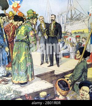 Frankreich/Vietnam: Ankunft des französischen Generalgouverneurs Paul Beau in Saigon (1857–1927). Kupferstich von Charles Georges Dufresne (1876-1938) aus Le Petit Journal, November 1902. Jean Baptiste Paul Beau war von Oktober 1902 bis Februar 1908 Generalgouverneur von Französisch-Indochina. 1859 von Frankreich erobert, wurde Saigon während der Kolonialbesetzung Vietnams von den Franzosen beeinflusst, und eine Reihe klassischer Gebäude im westlichen Stil und französische Villen in der Stadt spiegeln dies wider. Saigon hatte 1929 123 890 Einwohner, darunter 12.100 Franzosen. Stockfoto