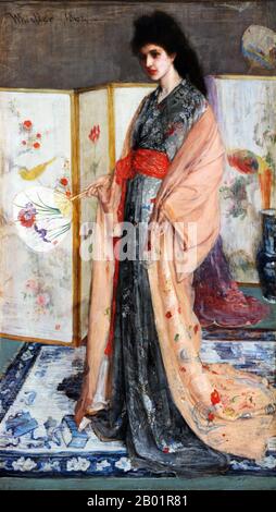 USA/Vereinigtes Königreich: „La Princesse du Pay de la Porcelaine“ (die Prinzessin aus dem Land des Porzellans). Orientalisches Ölgemälde auf Leinwand von James McNeill Whistler (10. Juli 1834 bis 17. Juli 1903), 1863-1865. James Abbott McNeill Whistler war ein in den USA geborener, britischer Künstler. Ablehnend gegenüber Sentimentalität und moralischer Anspielung in der Malerei war er ein führender Befürworter des Credos „Kunst um der Kunst willen“. Seine berühmte Signatur für seine Gemälde war die Form eines stilisierten Schmetterlings, der einen langen Stachelschwanz besaß. Stockfoto