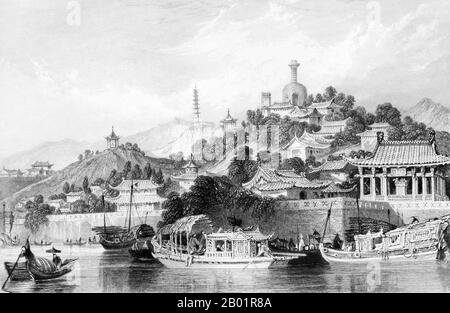 China: Gärten des Kaiserpalastes. Stich von Thomas Allom (13. März 1804 - 21. Oktober 1872), um 1843. Thomas Allom war ein englischer Architekt, Künstler und topographischer Illustrator. Er war Gründungsmitglied des Royal Institute of British Architects (RIBA). Er entwarf viele Gebäude in London, darunter die Kirche St. Peter's und Teile des eleganten Ladbroke Estate in Notting Hill. Er arbeitete auch mit Sir Charles Barry an zahlreichen Projekten, vor allem an den Houses of Parliament, und ist auch bekannt für seine zahlreichen topographischen Werke. Stockfoto