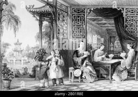 China: Ladies of a Mandarin's Family Playing Cards. Stich von Thomas Allom (13. März 1804 - 21. Oktober 1872), um 1843. Thomas Allom war ein englischer Architekt, Künstler und topographischer Illustrator. Er war Gründungsmitglied des Royal Institute of British Architects (RIBA). Er entwarf viele Gebäude in London, darunter die Kirche St. Peter's und Teile des eleganten Ladbroke Estate in Notting Hill. Er arbeitete auch mit Sir Charles Barry an zahlreichen Projekten, vor allem an den Houses of Parliament, und ist auch bekannt für seine zahlreichen topographischen Werke. Stockfoto