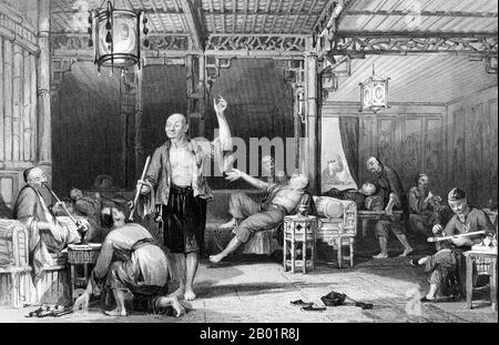 China: "Chinesische Opiumraucher". Stich von Thomas Allom (13. März 1804 - 21. Oktober 1872), um 1858. Thomas Allom war ein englischer Architekt, Künstler und topographischer Illustrator. Er war Gründungsmitglied des Royal Institute of British Architects (RIBA). Er entwarf viele Gebäude in London, darunter die Kirche St. Peter's und Teile des eleganten Ladbroke Estate in Notting Hill. Er arbeitete auch mit Sir Charles Barry an zahlreichen Projekten, vor allem an den Houses of Parliament, und ist auch bekannt für seine zahlreichen topographischen Werke. Stockfoto