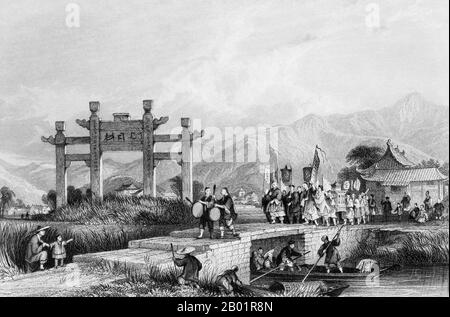 China/Vereinigtes Königreich: Szene in den Vororten von Ting Hae. Stich von Thomas Allom (13. März 1804 - 21. Oktober 1872), 1843. Thomas Allom war ein englischer Architekt, Künstler und topographischer Illustrator. Er war Gründungsmitglied des Royal Institute of British Architects (RIBA). Er entwarf viele Gebäude in London, darunter die Kirche St. Peter's und Teile des eleganten Ladbroke Estate in Notting Hill. Er arbeitete auch mit Sir Charles Barry an zahlreichen Projekten, vor allem an den Houses of Parliament, und ist auch bekannt für seine zahlreichen topographischen Werke. Stockfoto